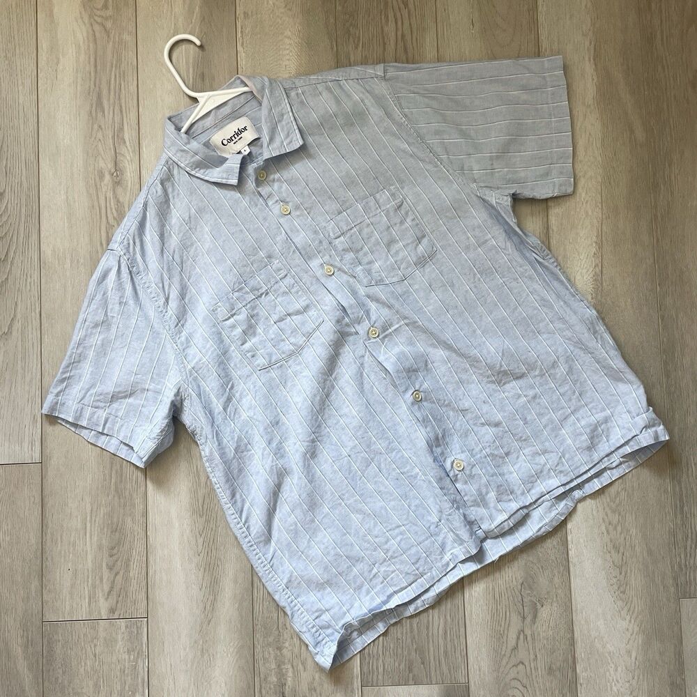 Corridor Linen Shirt cotton striped button up short sleeve mens Blue (large)